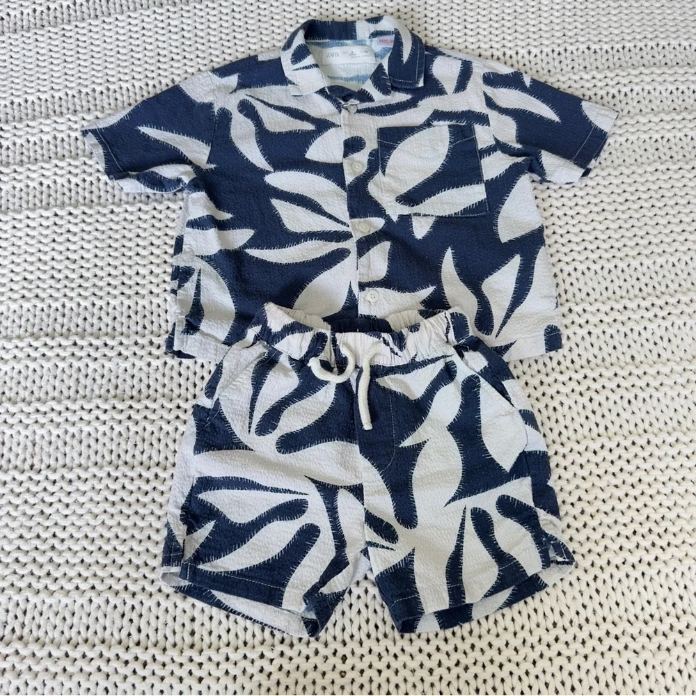 Zara Tropical Navy Blue Print Shirt and Shorts Toddler Set Size 2T